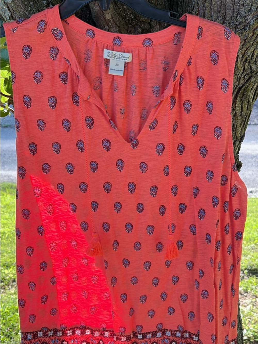 Lucky Brand Coral Printed Tassel Neck Sleeveless tank top